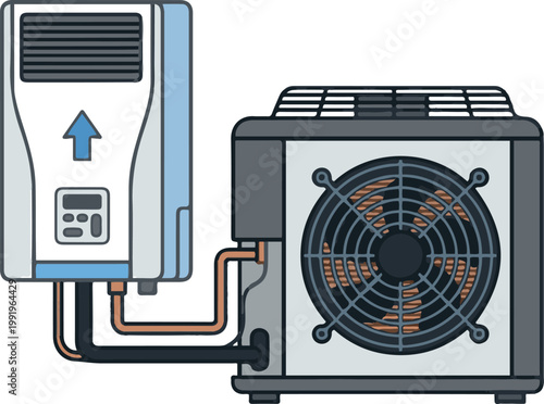 Vector illustration of a residential air conditioning system showing an indoor wall-mounted unit connected to an outdoor condenser with visible airflow and wiring.