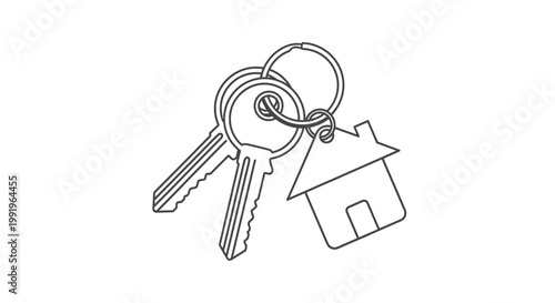 Line art illustration of keys with a house shaped key fob