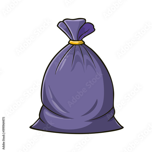 Illustration of a full purple drawstring garbage bag tied securely at the top with a yellow tie