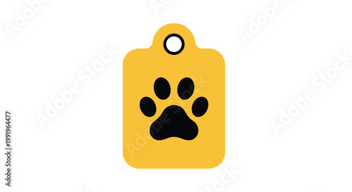 A yellow pet tag with a black paw print design