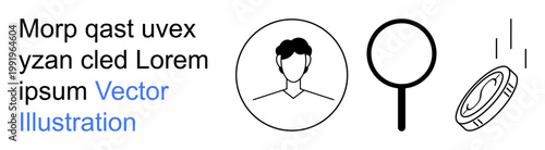 Identity verification, financial analysis, user authentication, online trends, search optimization, digital currency. Minimal line icons of a person, magnifying glass and falling coin. Identity