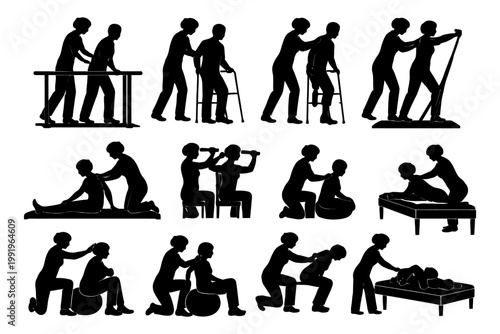 Silhouettes of physical therapy sessions: diverse rehabilitation techniques.