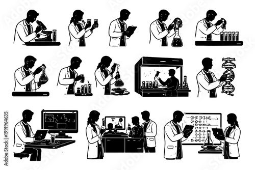 Silhouettes of scientists conducting experiments in laboratory settings.