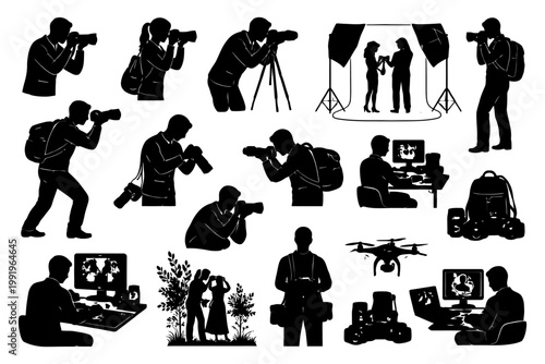 Silhouettes of photographers and photography equipment in various poses.