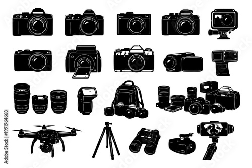 Collection of various cameras and photography accessories in black silhouette.