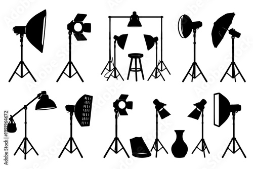Black silhouettes of various studio lighting equipment and accessories.