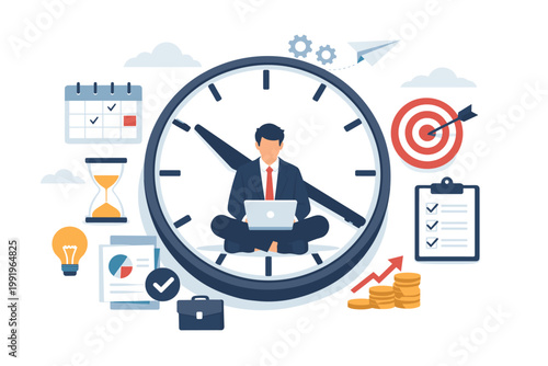 Time Management Concept Illustration of a Professional Businessman Working on a Laptop While Sitting Inside a Large Clock with Productivity Icons Like Calendar, Checklist, Target, and Hourglass.