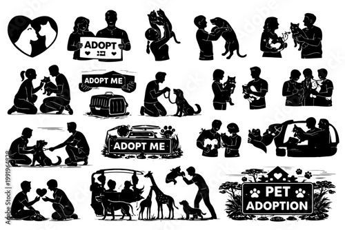 Silhouette illustrations of pet adoption scenes with animals and people.