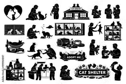 Silhouette scenes of cats and people in an animal shelter environment.