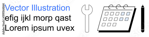 Planning, scheduling, organization tools, maintenance services, repair management, productivity. A calendar, wrench and pen icons. Planning and organization concept for efficient workflow