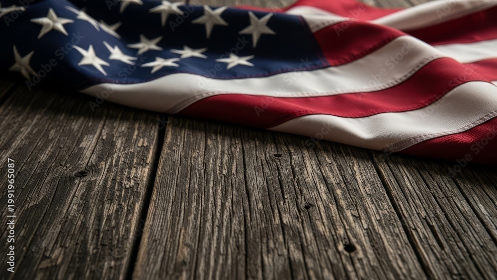 Obraz premium Waving USA flag draped over aged rustic wooden planks, copy space.