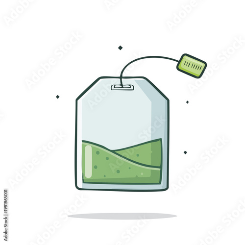 Hand-drawn illustration of a tea bag with green tea leaves and a tag