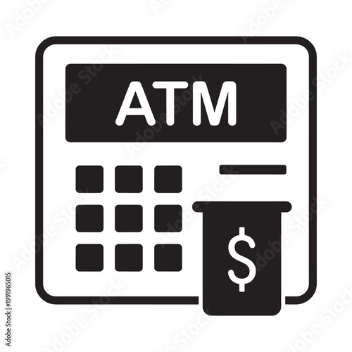 A simple black and white glyph depicting an automated teller machine with money