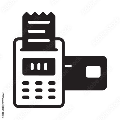 A black outline illustration of a pos terminal processing a credit card