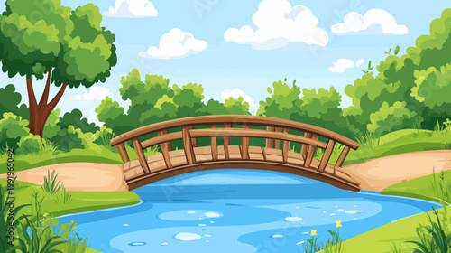 A cartoon illustration shows a wooden bridge over a river surrounded by lush greenery and a blue sky