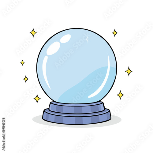 Cartoon crystal ball with shimmering stars on a stand symbolizing fortune telling and magic