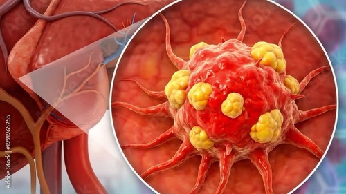 Medical illustration of liver cancer cell growth, suitable for oncology research, clinical presentation, medical education, healthcare, and biology.