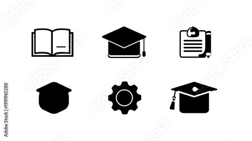 Education Icons: A set of clean, minimalist icons related to education, including a book, graduation cap, and clipboard, suitable for educational or academic design.