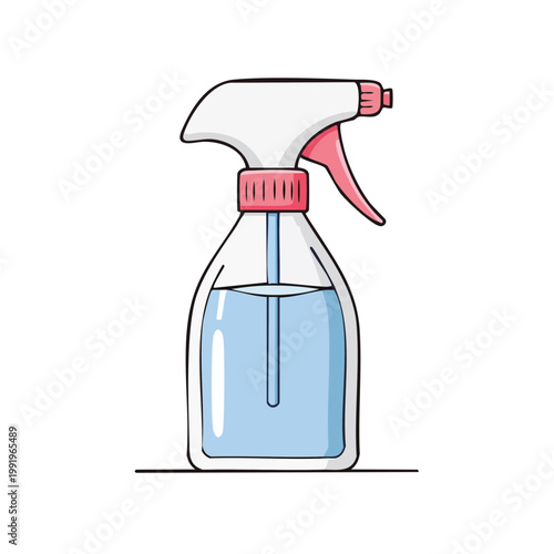 Cartoon spray bottle with pink trigger filled with blue liquid for cleaning and hygiene purposes