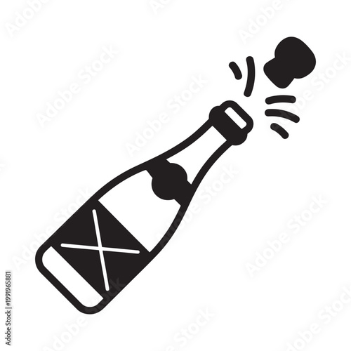 A black and white illustration of a champagne bottle popping its cork