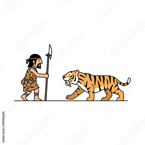 Prehistoric Caveman Hunter Facing a Saber-Toothed Tiger Illustration