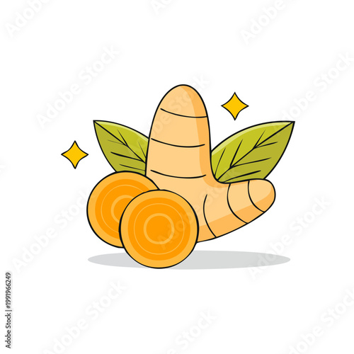 Fresh Organic Ginger Root Slices with Green Leaves and Sparkling Highlights