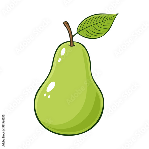 Simple green pear with stem and leaf stylized illustration isolated on white