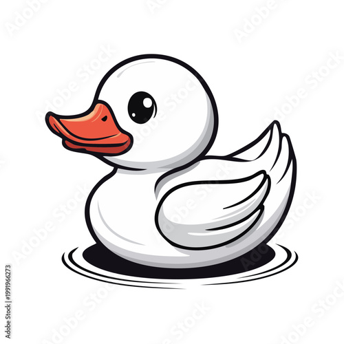 Adorable cartoon white rubber ducky floating on water with a cheerful orange beak and big black eyes