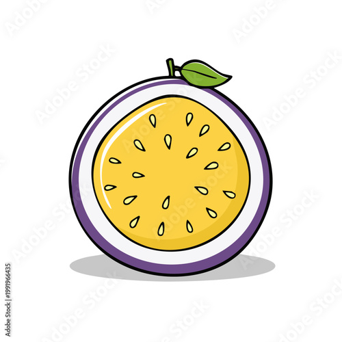 Vibrant cross-section illustration of a juicy passion fruit with bright yellow pulp and seeds