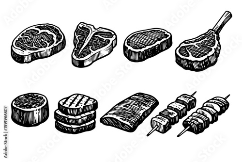 Vintage Hand Drawn Meat Cuts Vector Illustration Set Featuring Ribeye T-Bone Fillet Mignon Lamb Chop Ribs and Kebabs in Engraving Style for Butcher Shop Menu Barbecue and Grill Restaurant Design