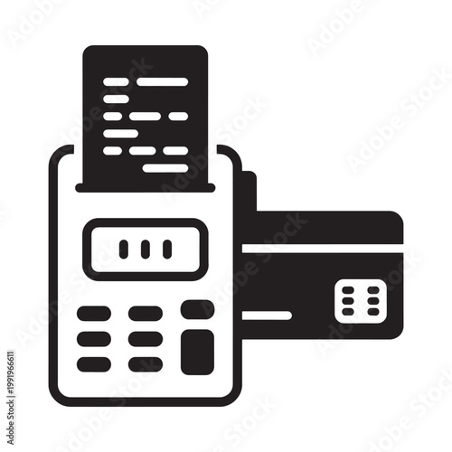 A black and white icon depicting a pos terminal processing a credit card