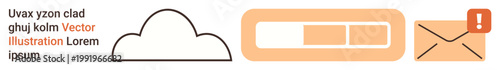 Cloud storage, technology alerts, data synchronization, software updates, communication notifications, progress tracking. Minimalistic icons of a cloud, loading bar and email notification. Cloud