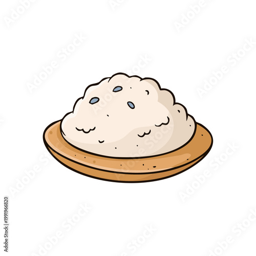 Hand drawn illustration of a plate filled with fluffy white rice and scattered seeds