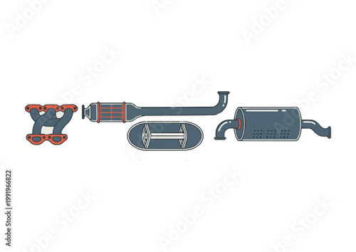 Car Exhaust System Vector Set Muffler Catalytic Converter Flat