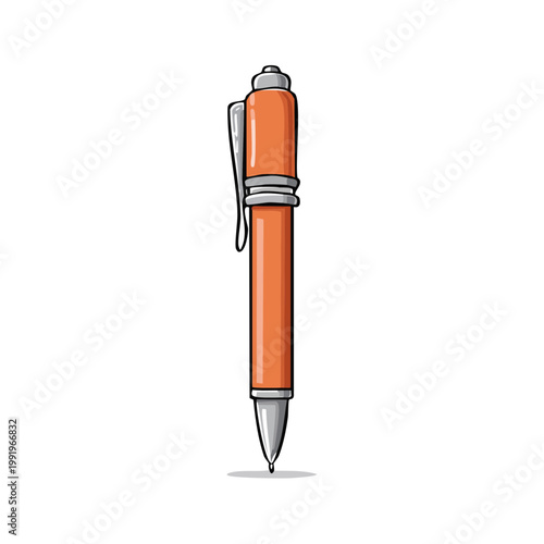 Orange ballpoint pen with a clip and cap drawn in a cartoon style