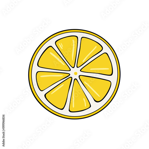 Vibrant yellow lemon slice illustration with white outline and seed detail, simple and fresh.