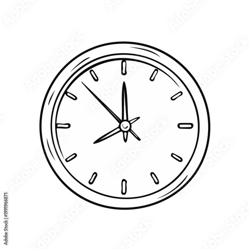 Hand drawn clock face with minimalist hour markers and simple hands in black and white sketch style
