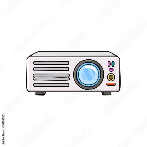 Modern digital projector with blue lens and indicator lights on white background