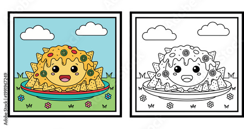 Adorable Cartoon Nachos Character on Plate with Cheese, Jalapeños, and Tomatoes - Happy Mexican Food Illustration