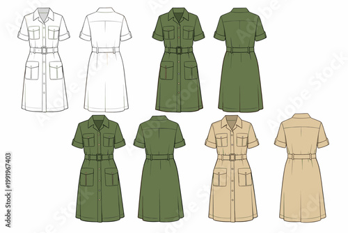 Women's Safari Shirt Dress Technical Fashion Illustration, Midi Button Down Utility Dress with Belted Waist and Pockets, Front and Back Views in White, Olive, and Khaki for Apparel Design Mockup