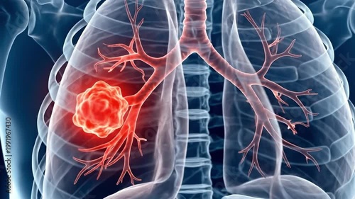 Medical illustration of human lungs with a tumor, suitable for oncology research, health education, hospital presentation, clinical study, and news.