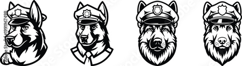 Collection of four police dog head icons in black and white with law enforcement
