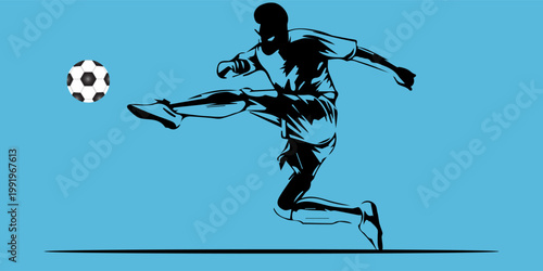 	A soccer player in action kicking a ball with motion lines on a blue background