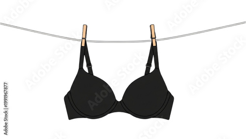 A black bra hangs on a clothesline with clips against a transparent background PNG