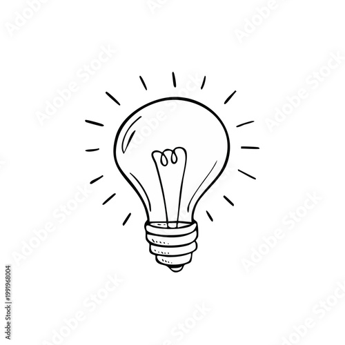 Simple doodle illustration of a glowing incandescent light bulb radiating lines of light symbolizing ideas