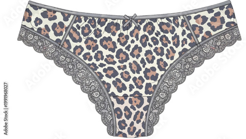 Leopard print women's underwear with lace trim on transparent background PNG