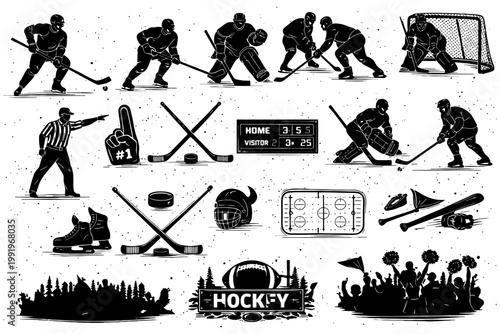 Ice hockey action set with players, equipment, and fans.