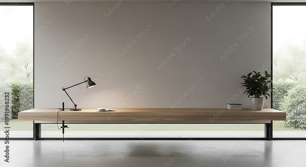 Naklejka premium Minimalist home office setup with a sleek wooden desk, modern lamp, and green plant against a large window with natural light and garden view