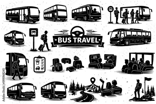 Vintage black and white bus travel illustrations with passengers and luggage.
