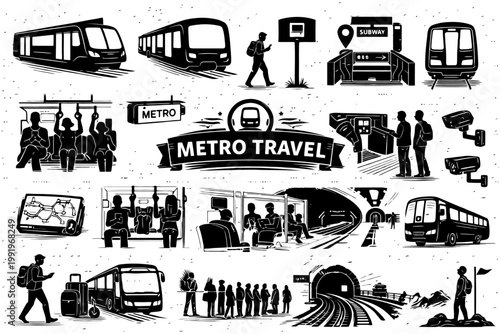 Metro travel: public transportation scenes with commuters and trains.